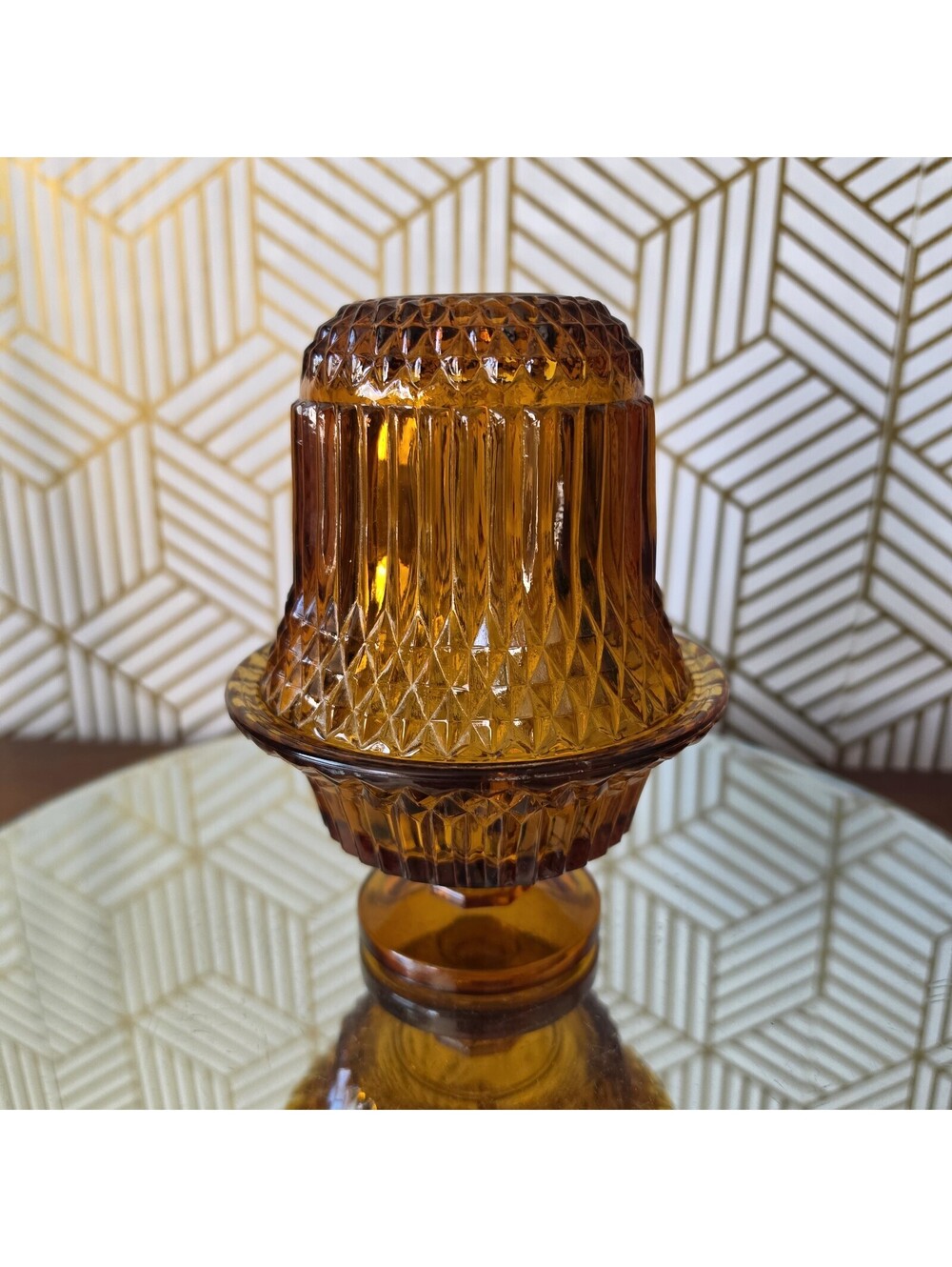 Vintage Indiana Glass Amber Diamond Point Fairy Lamp EUC 6.5" Candleholder